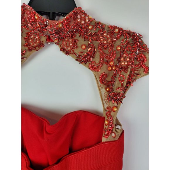 Sherri Hill Red Beaded Bandage Formal Cocktail Holiday Party Homecoming Dress 8 - Picture 7 of 11